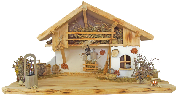Preview: Traditionelle Weihnachtskrippe Hersbruck inkl. 17-tlg. Figurensatz K 604-S, Maße Krippe: ca. 66 x 30 x 32 cm
