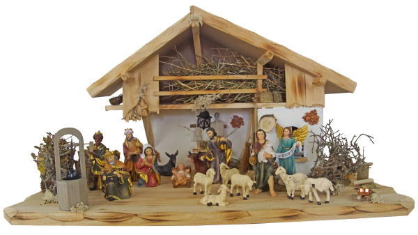 Preview: Traditionelle Weihnachtskrippe Hersbruck inkl. 17-tlg. Figurensatz K 604-S, Maße Krippe: ca. 66 x 30 x 32 cm