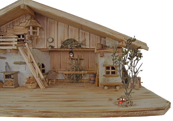 Stimmungsvolle, handgefertigte Weihnachtskrippe Gotthard aus Holz hell inkl. 12-tlg. handbemaltem Figurensatz K 001,    Maße Krippe: ca. 90 x 40 x 40 cm