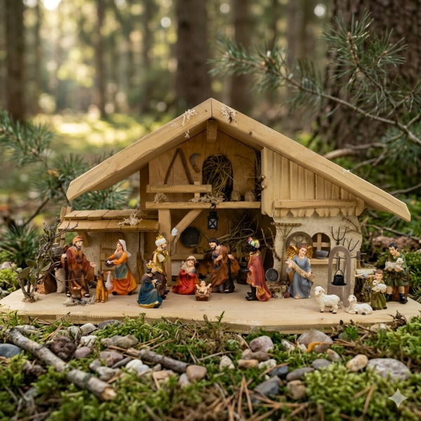 Traditionelle Weihnachtskrippe Zürich inkl. 17-tlg. Figurensatz ETA 1, Maße Krippe: ca. 70 x 30 x 35 cm