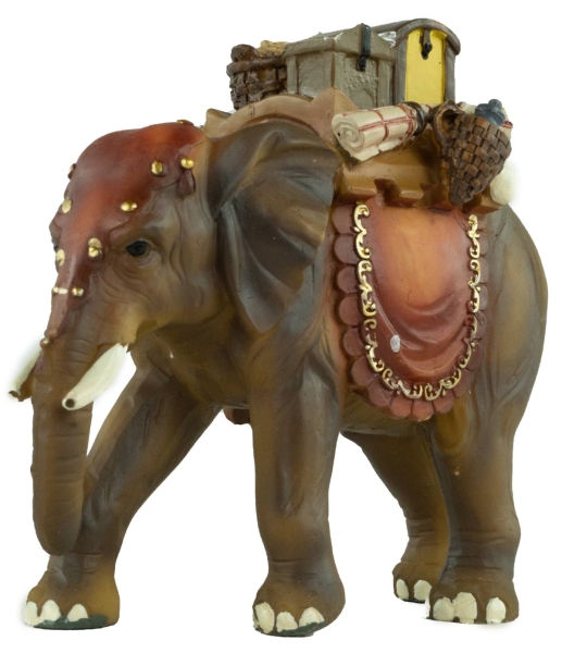 Handbemalte Krippenfigur Elefant mit Gepäck, ca. 10 cm, T 004-15