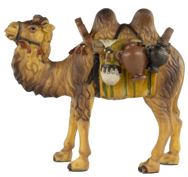 Handbemalte Krippenfigur Kamel mit Gepäck, ca. 11,5 cm, T 001-16