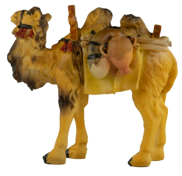 Handbemalte Krippenfigur Kamel mit Gepäck, ca. 8 cm, K 004-16