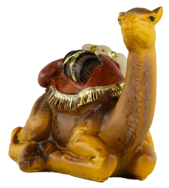 Handbemalte Krippenfigur Kamel mit Gepäck liegend, ca. 7 cm, K 134-14