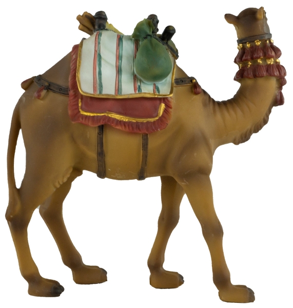 Handbemalte Krippenfigur Kamel mit Gepäck, ca. 14 cm, T 080