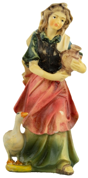 Handbemalte Krippenfigur Magd mit Krug und einer Gans, ca. 10 cm, K 001-13