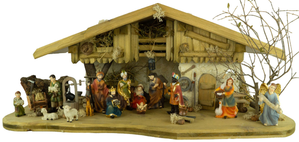 Preview: Detaillierte Weihnachtskrippe Thun inkl. 17-tlg. Figurensatz ETA 1, Maße Krippe: ca. 70 x 30 x 29 cm