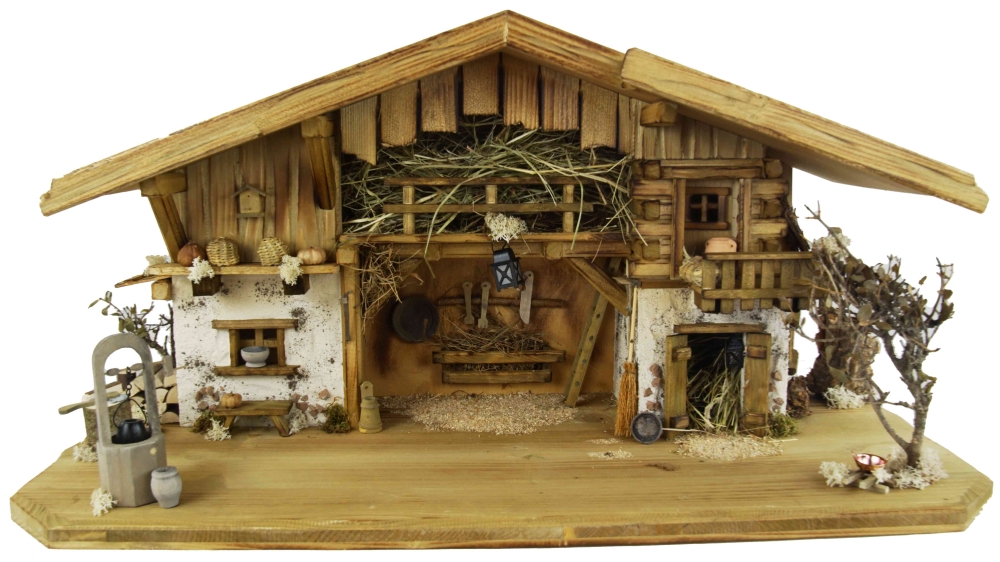 Festliche Weihnachtskrippe Aicha inkl. - 17 tlg. - Figurensatz ETA 1  - Maße Krippe ca. 69 x 29 x 34 cm