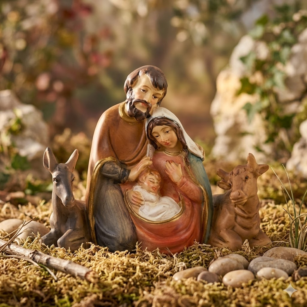 Krippenfigur Heilige Familie mit Ochse und Esel, ca. 9 cm, 74197
