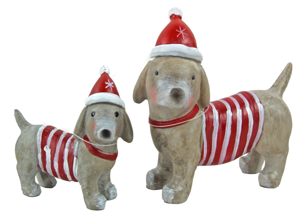 2er-Set in Grau - Dekofiguren Hunde im Weihnachts-Outfit