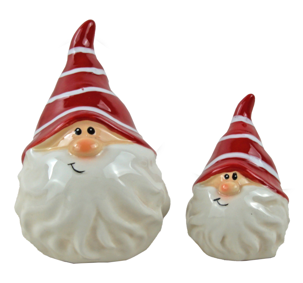 2er-Set Dekorative Weihnachtszwerge - Keramikfiguren mit rot gestreifter Mütze