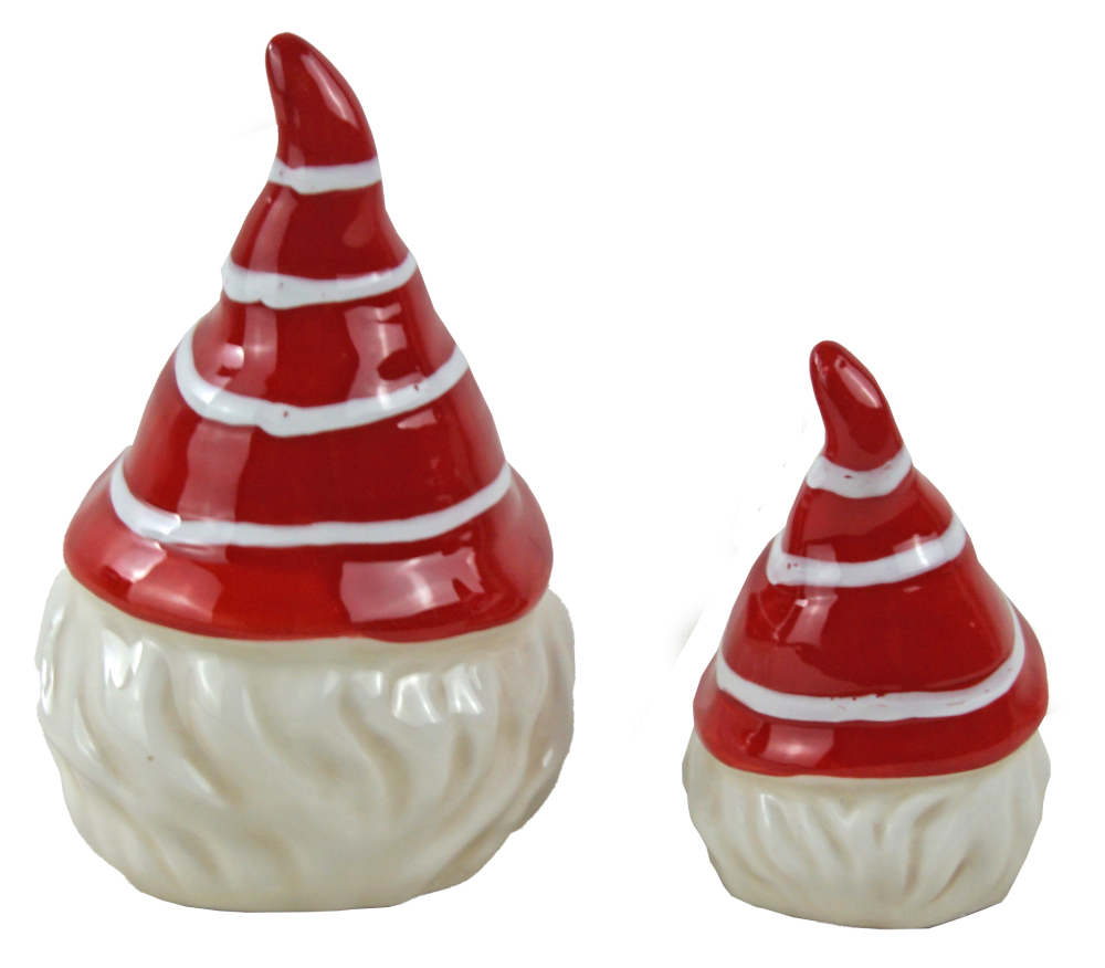 2er-Set Dekorative Weihnachtszwerge - Keramikfiguren mit rot gestreifter Mütze