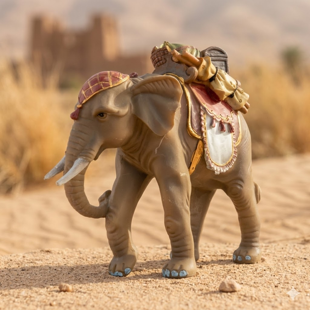 Handbemalte Krippenfigur Elefant mit Gepäck, ca. 15,5 cm, T 081