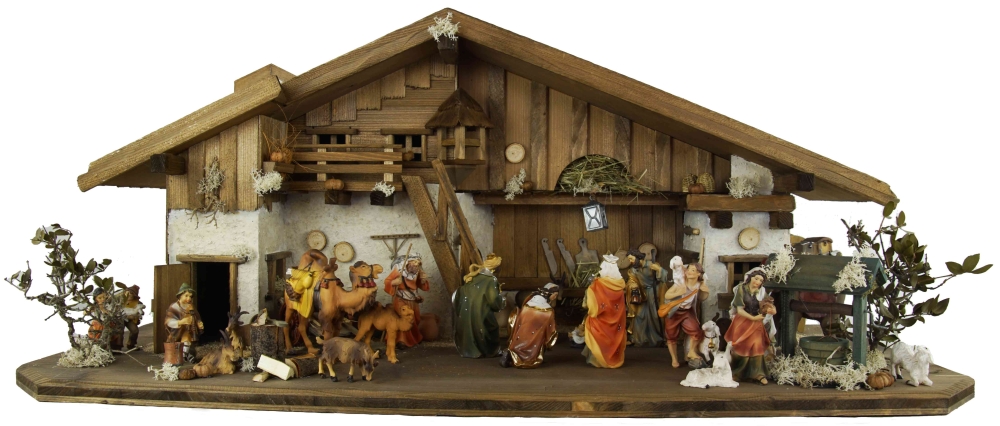 Weihnachtskrippe-Gotthardt-dunkel mit 24 teiligem Weihnachtsfiguren Set