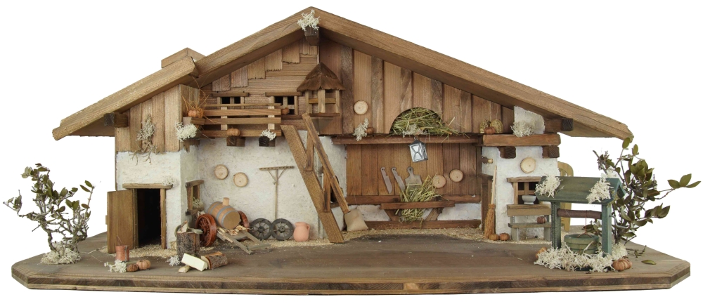 Stimmungsvolle Weihnachtskrippe Gotthard dunkel inkl. 24-tlg. Figurensatz K 002, Maße Krippe: ca. 90 x 40 x 40 cm