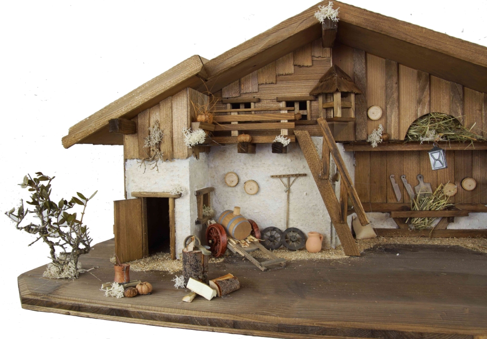 Stimmungsvolle Weihnachtskrippe Gotthard dunkel inkl. 24-tlg. Figurensatz K 002, Maße Krippe: ca. 90 x 40 x 40 cm