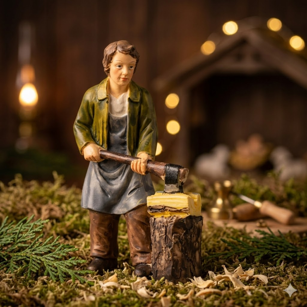 Handbemalte Krippenfigur Holzhacker mit Hackstock, ca. 9 cm, K 934