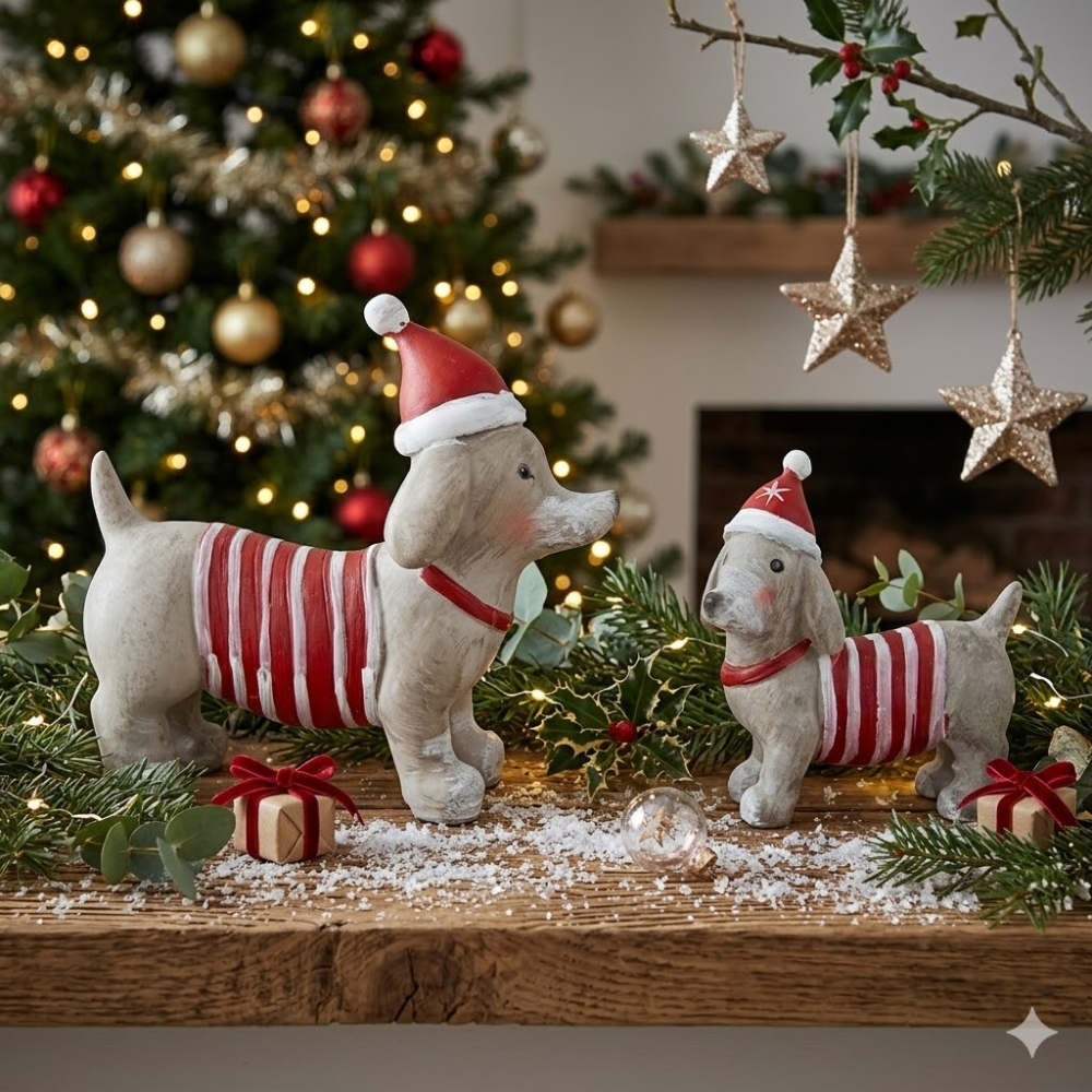 2er-Set in Grau - Dekofiguren Hunde im Weihnachts-Outfit