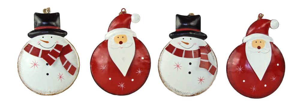 Weihnachtsanhänger aus Metall – 4er-Set mit Weihnachtsmann und Schneemann