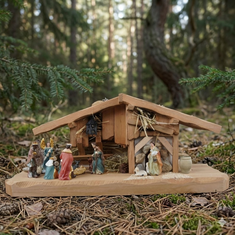 Bezaubernde Weihnachtskrippe Kalchreuth inkl. 11-tlg. Figurensatz K 111, Maße Krippe: ca. 33 x 11 x 14 cm