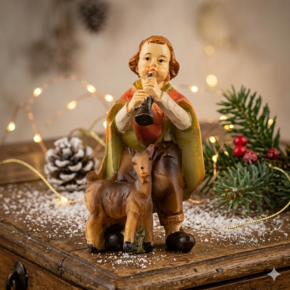 Handbemalte Krippenfigur Kind mit einer Ziege, ca. 7 cm, K 001-30