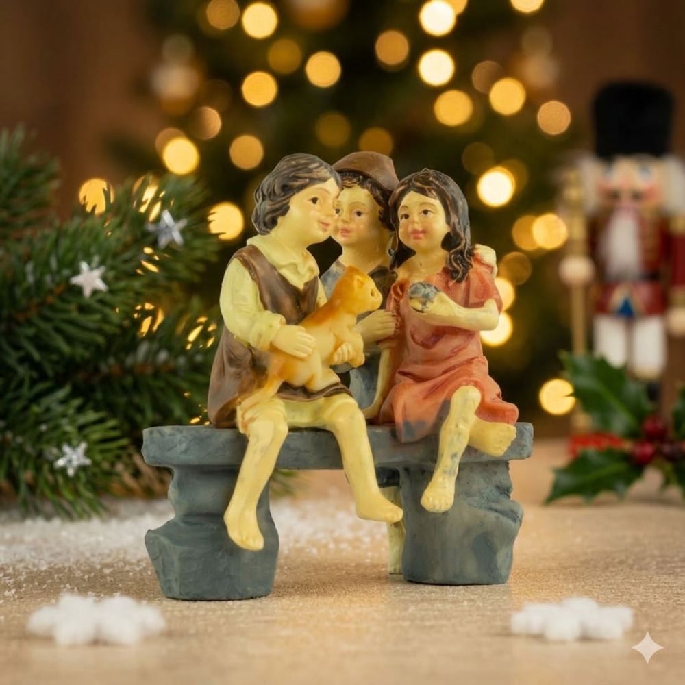 Handbemalte Krippenfigur Kinder auf einer Bank, ca. 7 cm, K 134-3