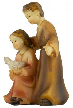 Handbemalte Krippenfigur Kinderpaar mit einem Huhn, ca. 7 cm, K 182-36