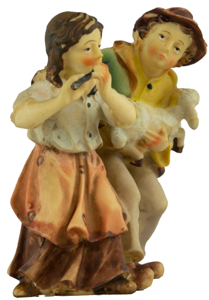 Handbemalte Krippenfigur Kinderpaar mit einem Lamm, ca. 8 cm, K 001-23