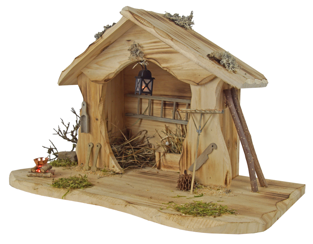Handgefertigte Weihnachtskrippe Egensbach inkl. 4-tlg. Figurensatz 72740, Maße Krippe: ca. 37,5 x 19 x 24 cm
