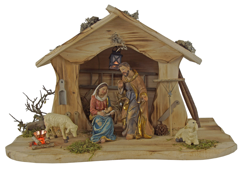 Handgefertigte Weihnachtskrippe Egensbach inkl. 4-tlg. Figurensatz 72740, Maße Krippe: ca. 37,5 x 19 x 24 cm