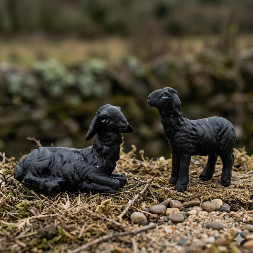 Handbemalte Krippenfiguren schwarze Schafe 2-tlg., ca. 4 cm