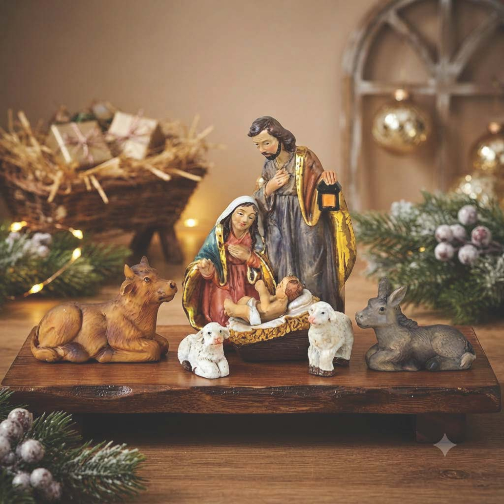Erlesenes Krippenfiguren-Set 75012– Die Heilige Familie mit Ochse, Esel und Schafen