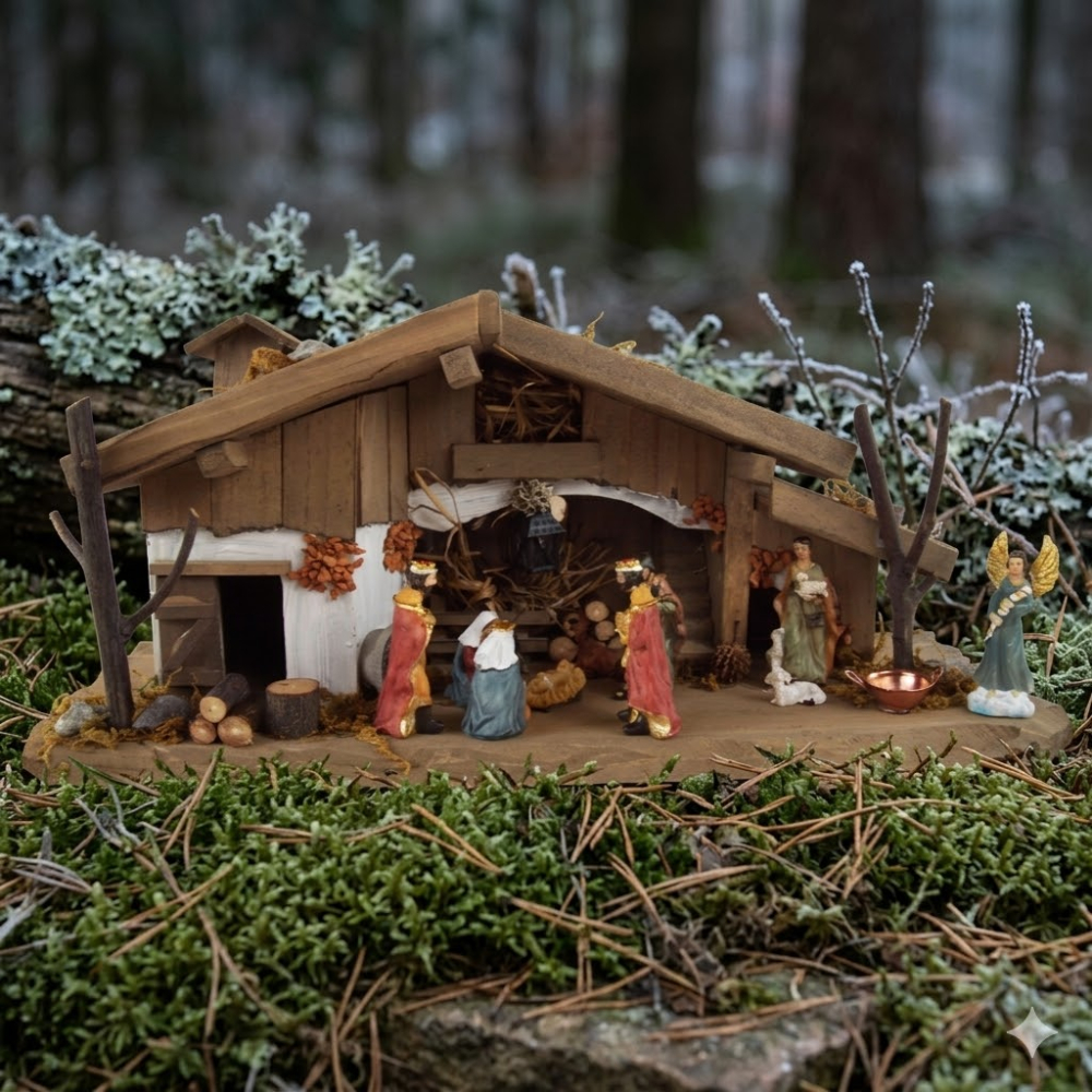 Schöne Weihnachtskrippe Königstein inkl. 11-tlg. Figurensatz K 111, Maße Krippe: ca. 33 x 11 x 13,5 cm