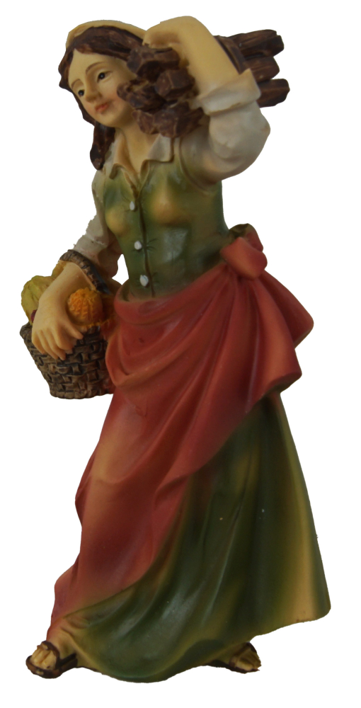 Handbemalte Krippenfigur „Marktfrau mit Gemüsekorb & Holz“ –K131-10