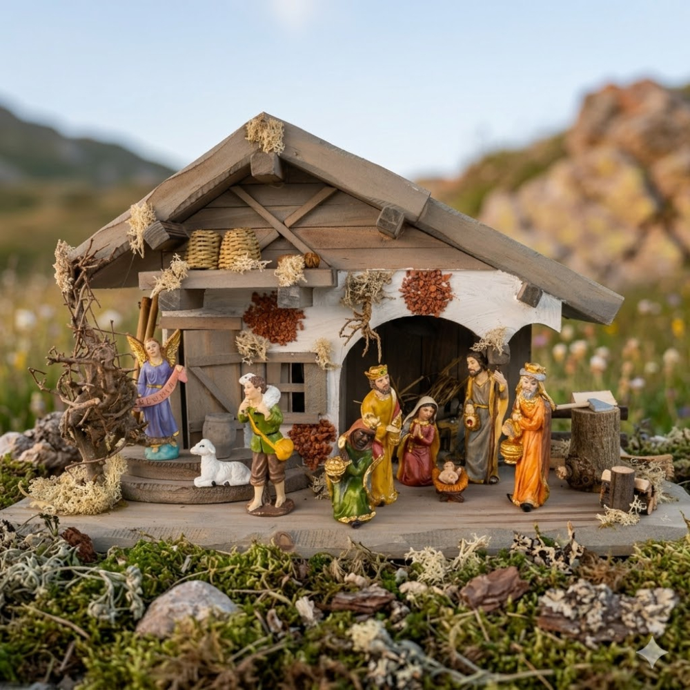 Festliche Weihnachtskrippe Moorsbrunn inkl. 12-tlg. Figurensatz F 650-7, Maße Krippe: ca. 40 x 20 x 22 cm