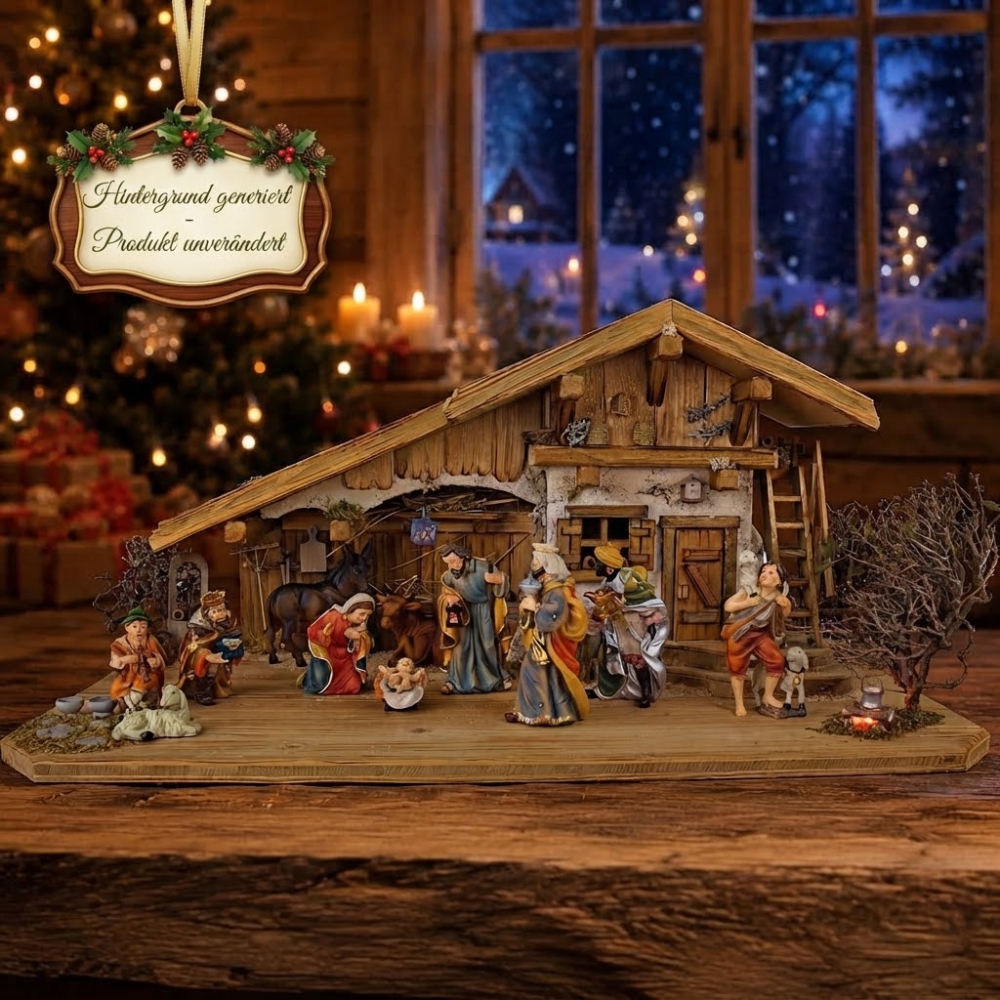 Stimmungsvolle Weihnachtskrippe Reichenschwand - inkl. 12 tlg. Figurensatz K 007 Maße: Krippe ca. 80 x 40 x 36 cm