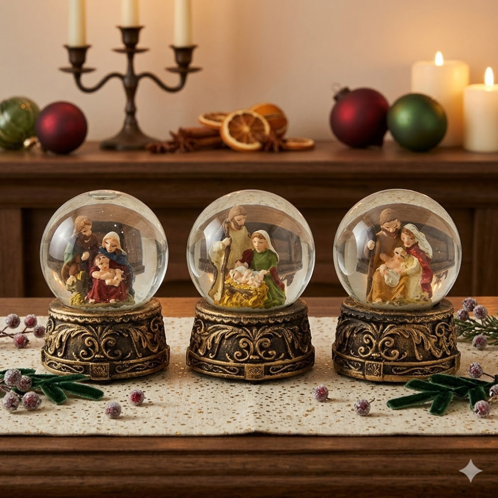 3er Set Stimmungsvolle Schneekugeln Heilige Familie klein ca. 6 cm - Dekoration