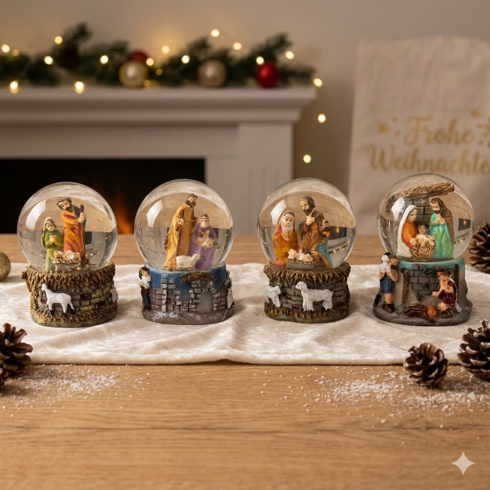 4er Set Stimmungsvolle Schneekugeln heilige Famile ca. 6 cm - Dekoration