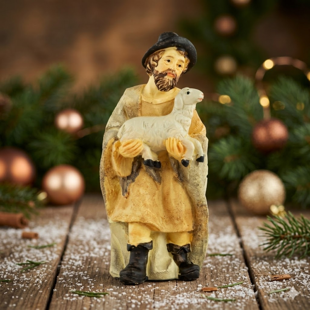 Handbemalte Krippenfigur Schäfer mit einem Schaf, ca. 12 cm, K 507-14