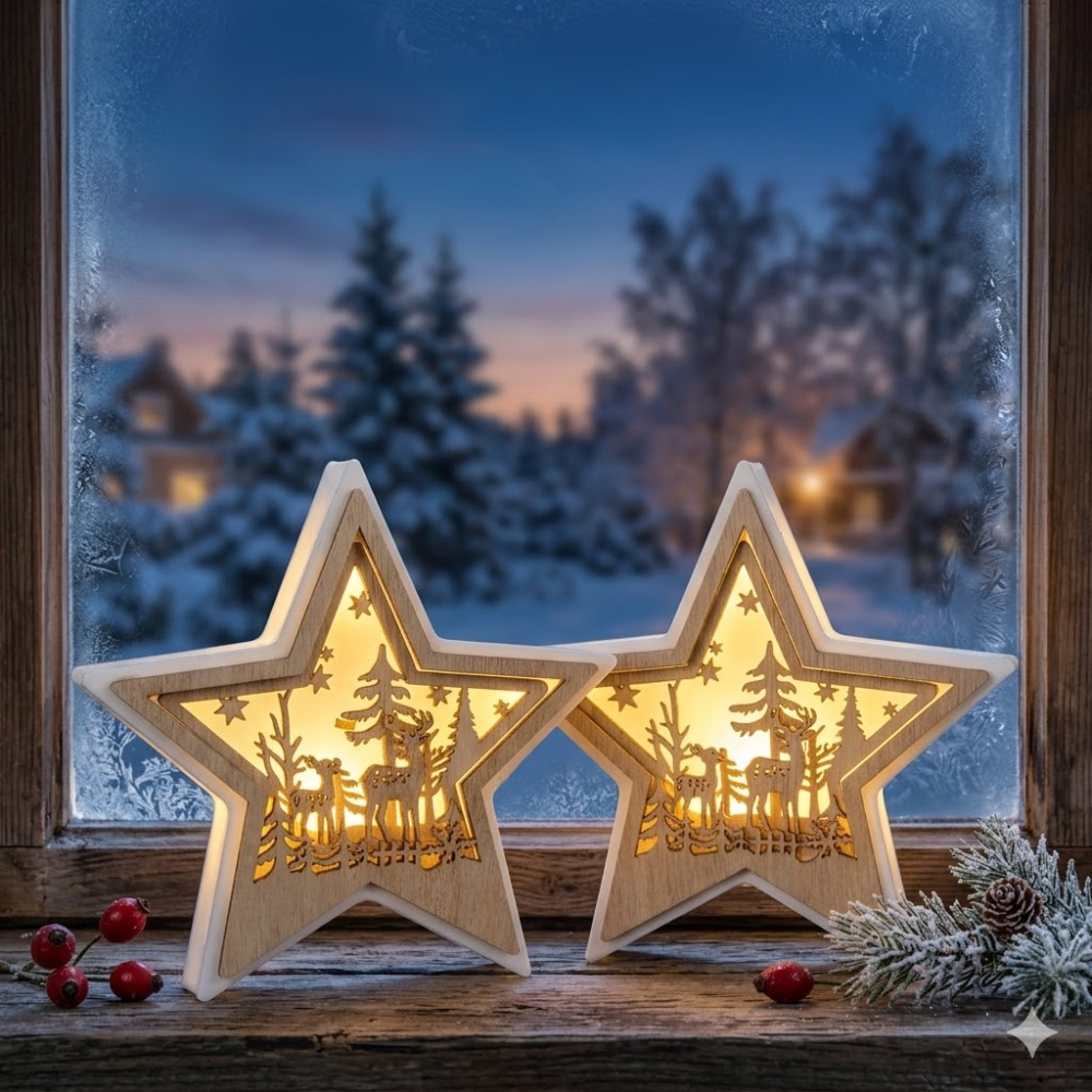 Winterliches 2er Set LED Sterne - Höhe ca. 14 cm