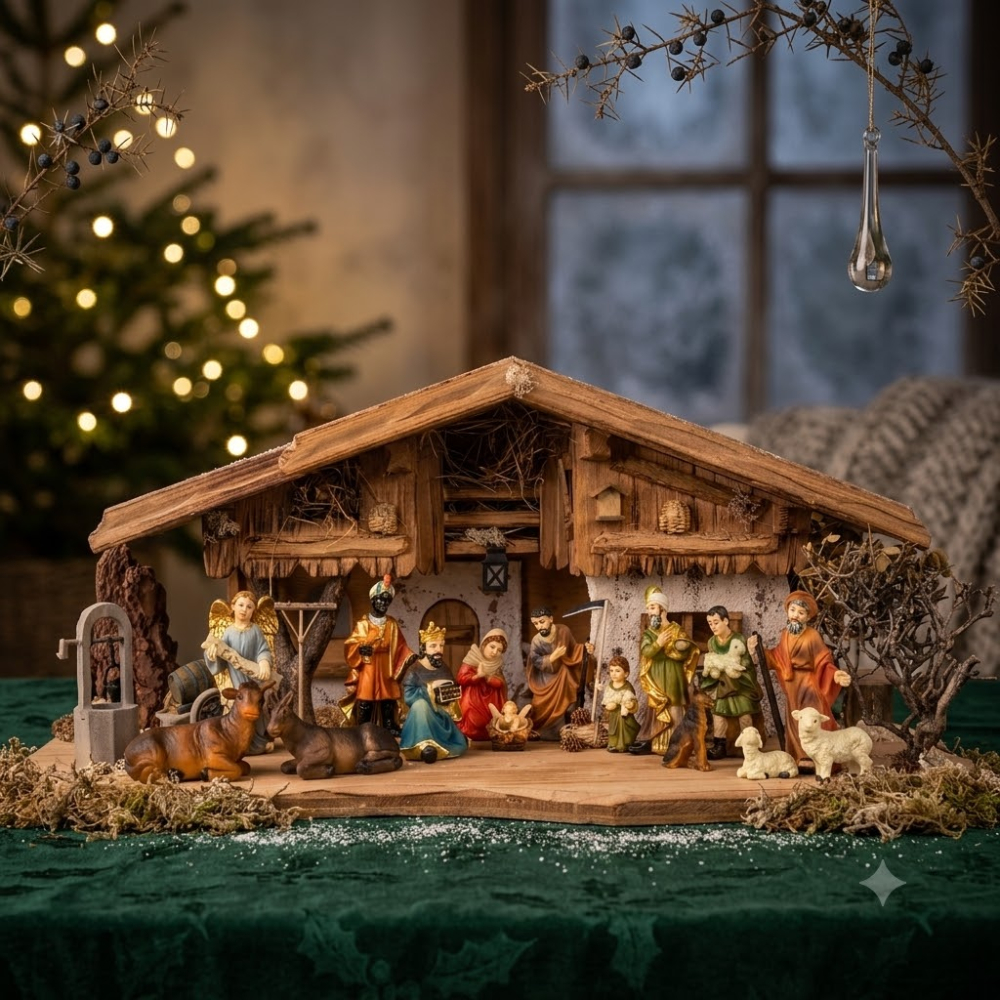Detaillierte Weihnachtskrippe Thun inkl. 17-tlg. Figurensatz ETA 1, Maße Krippe: ca. 70 x 30 x 29 cm