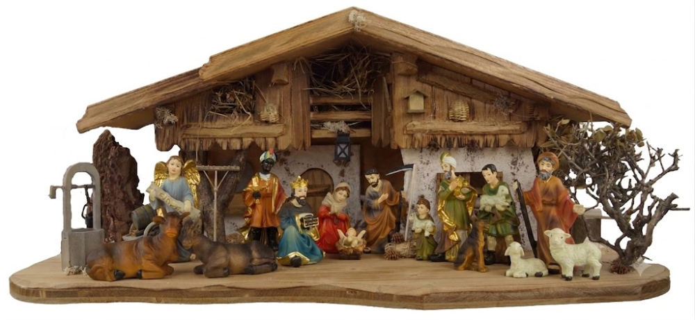 Detaillierte Weihnachtskrippe Thun inkl. 17-tlg. Figurensatz ETA 1, Maße Krippe: ca. 70 x 30 x 29 cm
