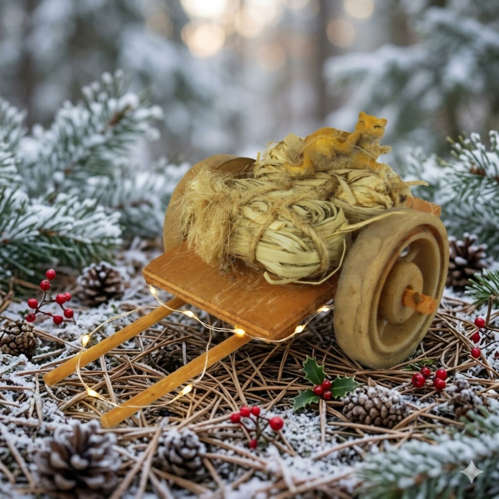 Holzkarren mit Strohballen und Katze - Krippenzubehör, ca. 5 x 10,5 x 6 cm