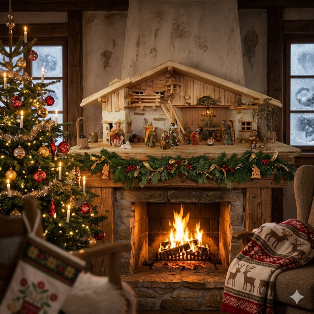Stimmungsvolle, handgefertigte Weihnachtskrippe Gotthard aus Holz hell inkl. 12-tlg. handbemaltem Figurensatz K 001,    Maße Krippe: ca. 90 x 40 x 40 cm