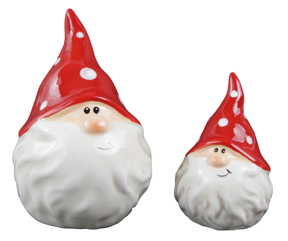 2er-Set Dekorative Weihnachtszwerge - Keramikfiguren mit rot gepunkteter Mütze