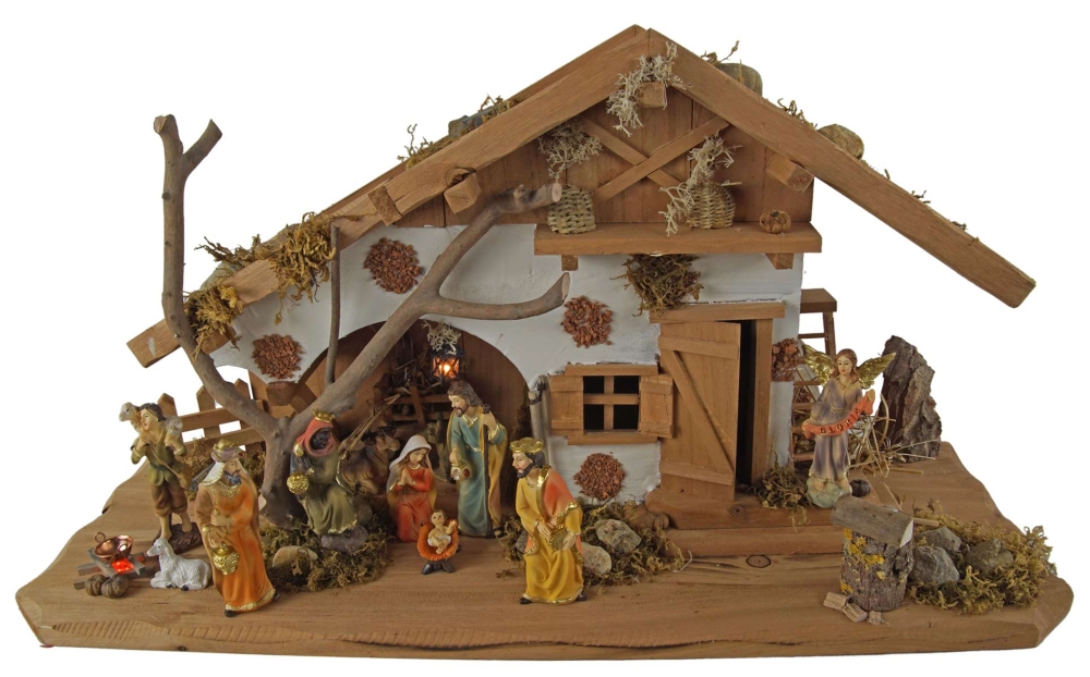 Festliche Weihnachtskrippe Basel inkl. 12-tlg. Figurensatz K 650-9, Maße Krippe: ca. 55 x 20 x 28 cm