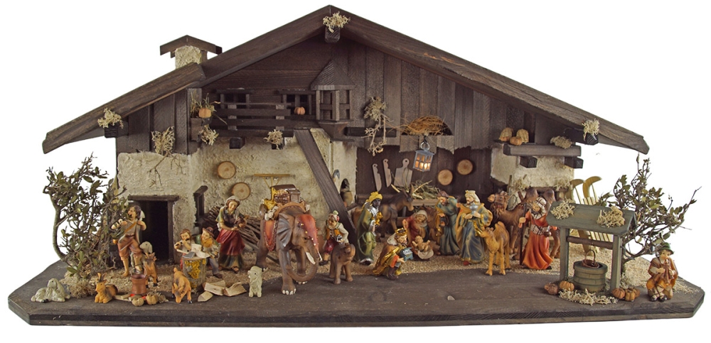 Weihnachtskrippe-Gotthardt-dunkel mit 24 teiligem Weihnachtsfiguren Set