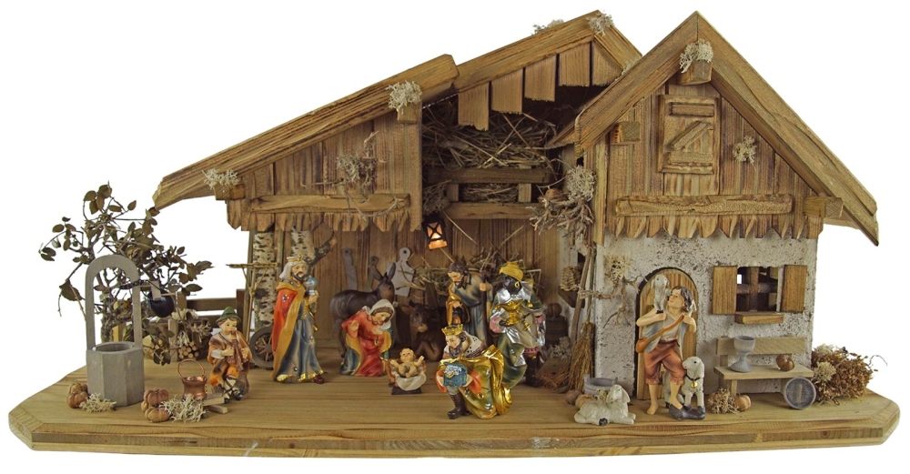Festliche Weihnachtskrippe Großglockner inkl. 12-tlg. Figurensatz K 001, Maße Krippe: ca. 70 x 30 x 35 cm