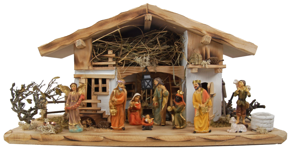 Wundervolle Weihnachtskrippe Neunhof inkl. 12-tlg. Krippenfiguren Set K 650-9, Maße: ca. 58 x 25 x 25 cm