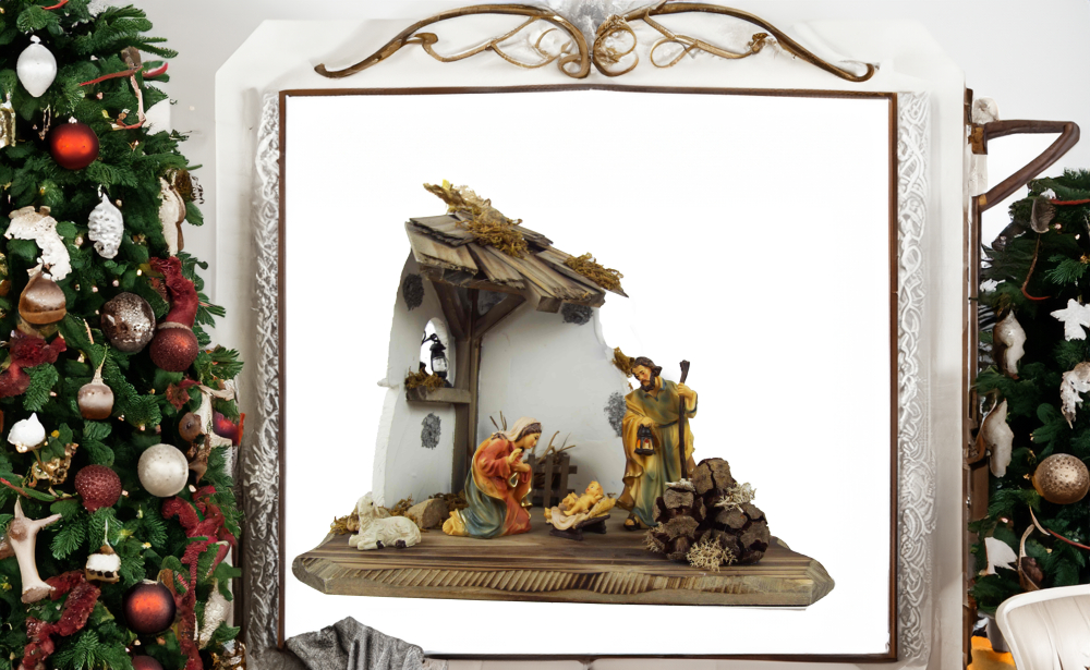 Kleine Weihnachtskrippe Raitenberg inkl. heiliger Familie K001-01 und Schaf, Maße: ca. 28 x 20 x 22 cm